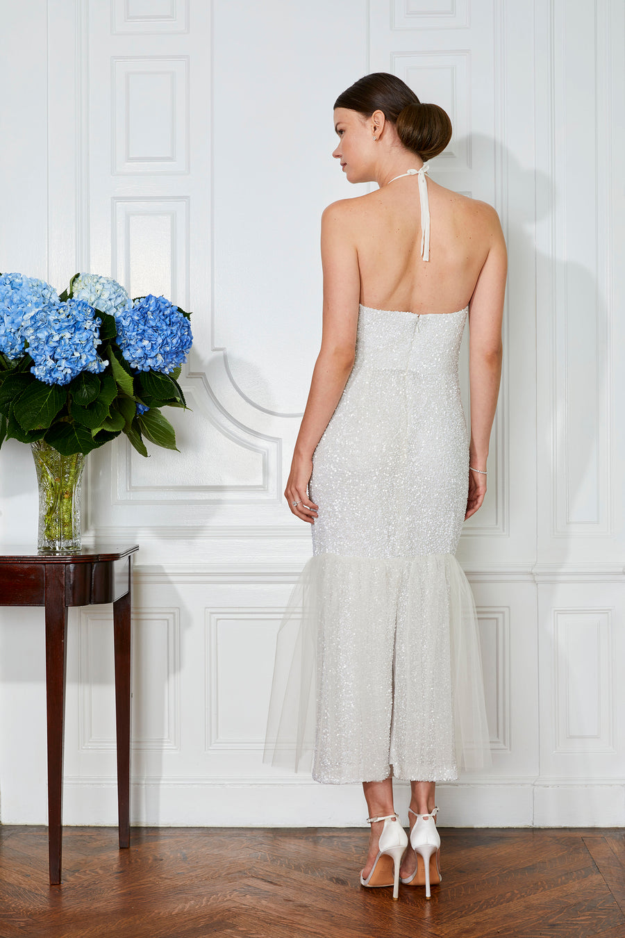 flattering halter sheath sequin tulle ruffle designer bridal wedding gown