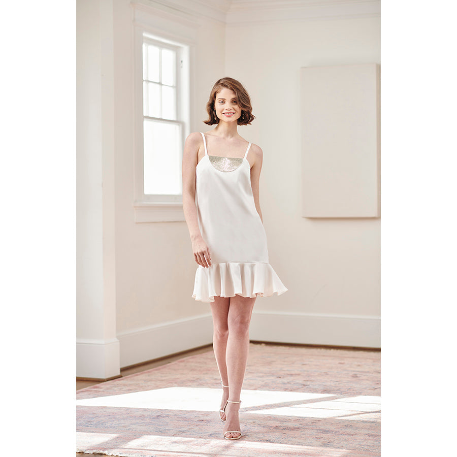 bride wearing off white Gatsby style glamorous rehearsal dinner and wedding reception dress
