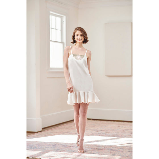 bride wearing off white Gatsby style glamorous rehearsal dinner and wedding reception dress