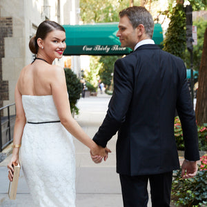Bride in short white civil wedding dress courthouse wedding dress little white dress with groom