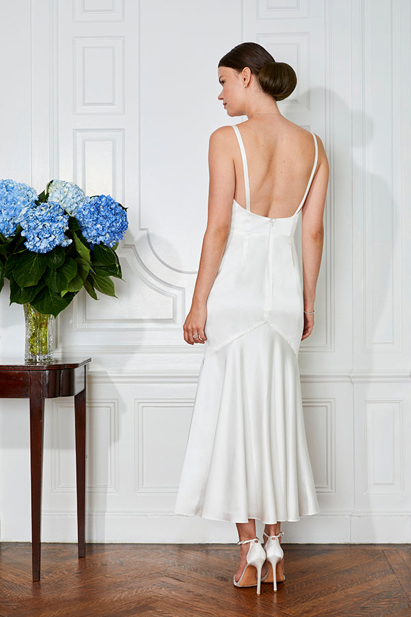 off white civil wedding dress and courthouse ceremony midi dress