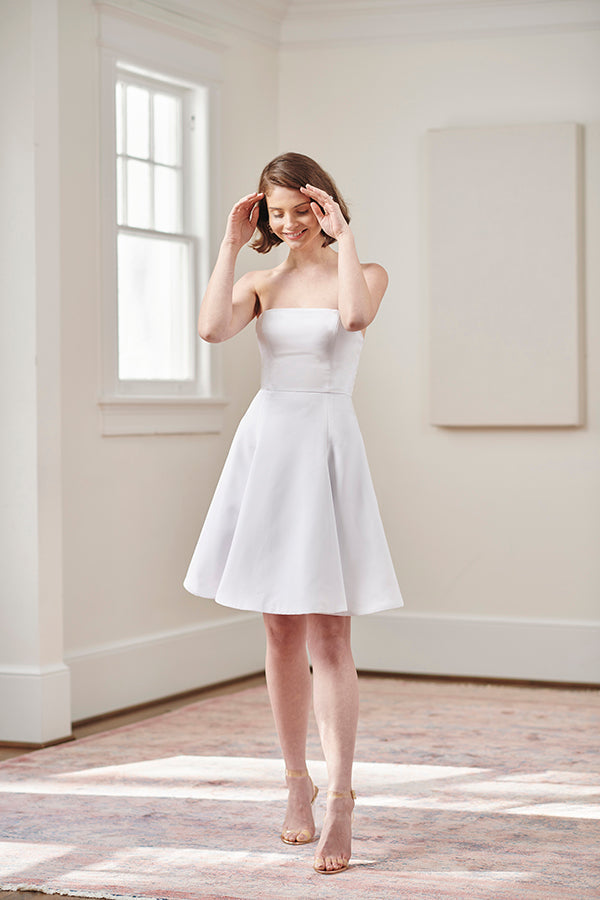 Zoey Blue & White Strapless Midi Bridal Shower & Wedding Guest Dress