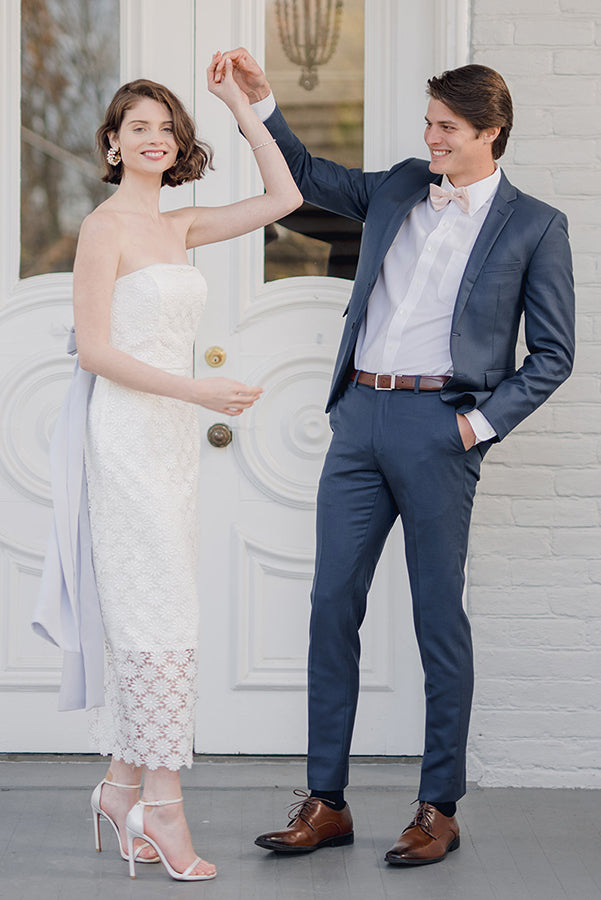 Strapless Flattering White Lace Midi Wedding Rehearsal Bridal Dress ...