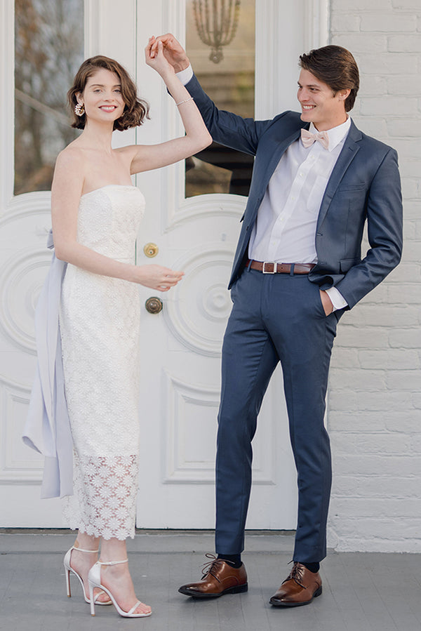 Strapless Flattering White Lace Midi Wedding Rehearsal Bridal