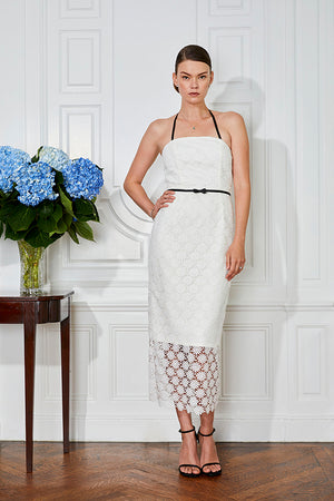 Stylish bride in elegant white lace halter midi sheath simple civil ceremony wedding dress and rehearsal dinner dress