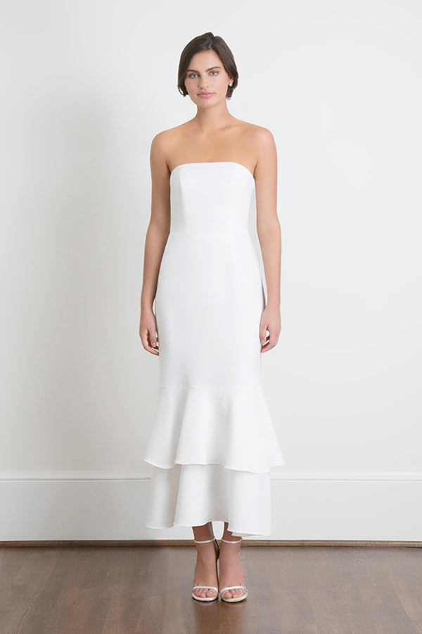 Front view of Josette strapless white tea length wedding dress with mermaid midi silhouette