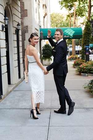 Stunning bride in elegant white lace halter sheath simple casual going away civil ceremony dress with groom