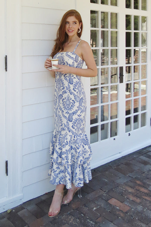 Jane Summers Zoey Blue & White Strapless Midi Bridal Shower & Wedding Guest Dress 2 / Blue Print , female , adult