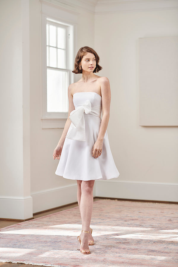 Jane Summers Jacqueline Strapless Little White Rehearsal and Casual Wedding Dress With Light Blue Tie 4 / White , female , adult Jane Summers Jacqueline Strapless Little White Rehearsal and Casual Wedding Dress With Light Blue Tie 4 / White , female , adult
