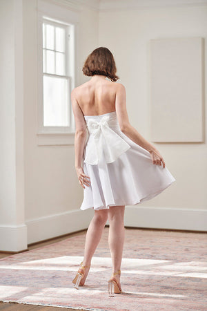 Jacqueline Strapless Little White Rehearsal and Casual Wedding Dress With Pink Tie