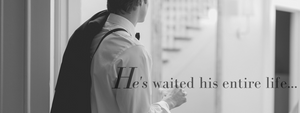 groom waiting for bride in white strapless tea length wedding dress