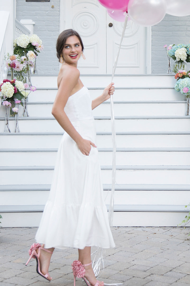 Ivie White Strapless Tea Length Rehearsal Dinner And Wedding Dress - Jane Summers Ivie White Strapless Tea Length Rehearsal Dinner And Wedding Dress - Jane Summers