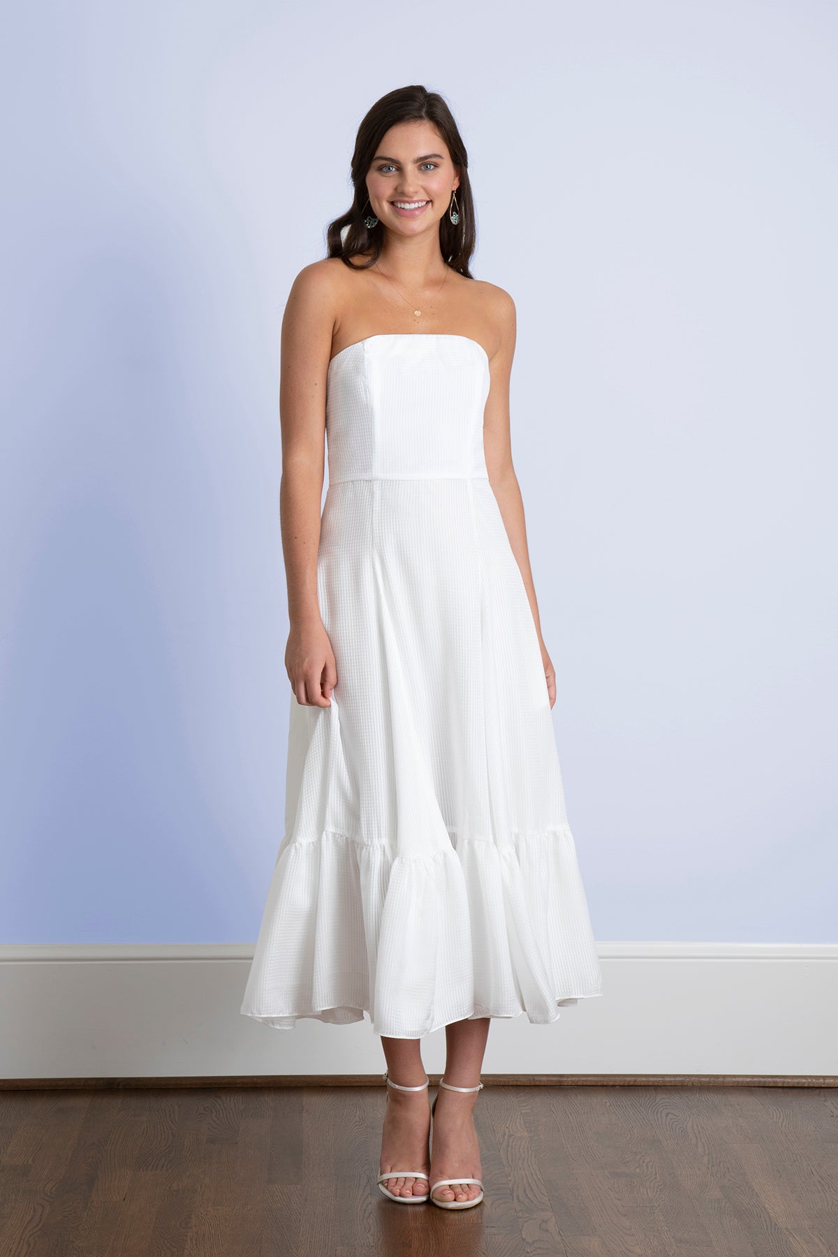 White strapless tea length dress store