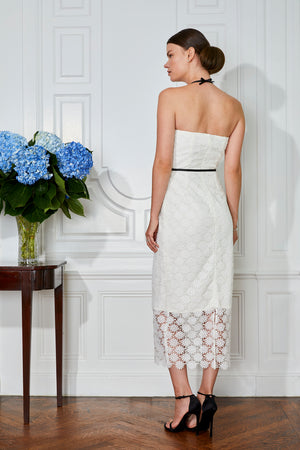 White floral lace tea length civil ceremony destination wedding Black Ribbon Halter reception dress back view