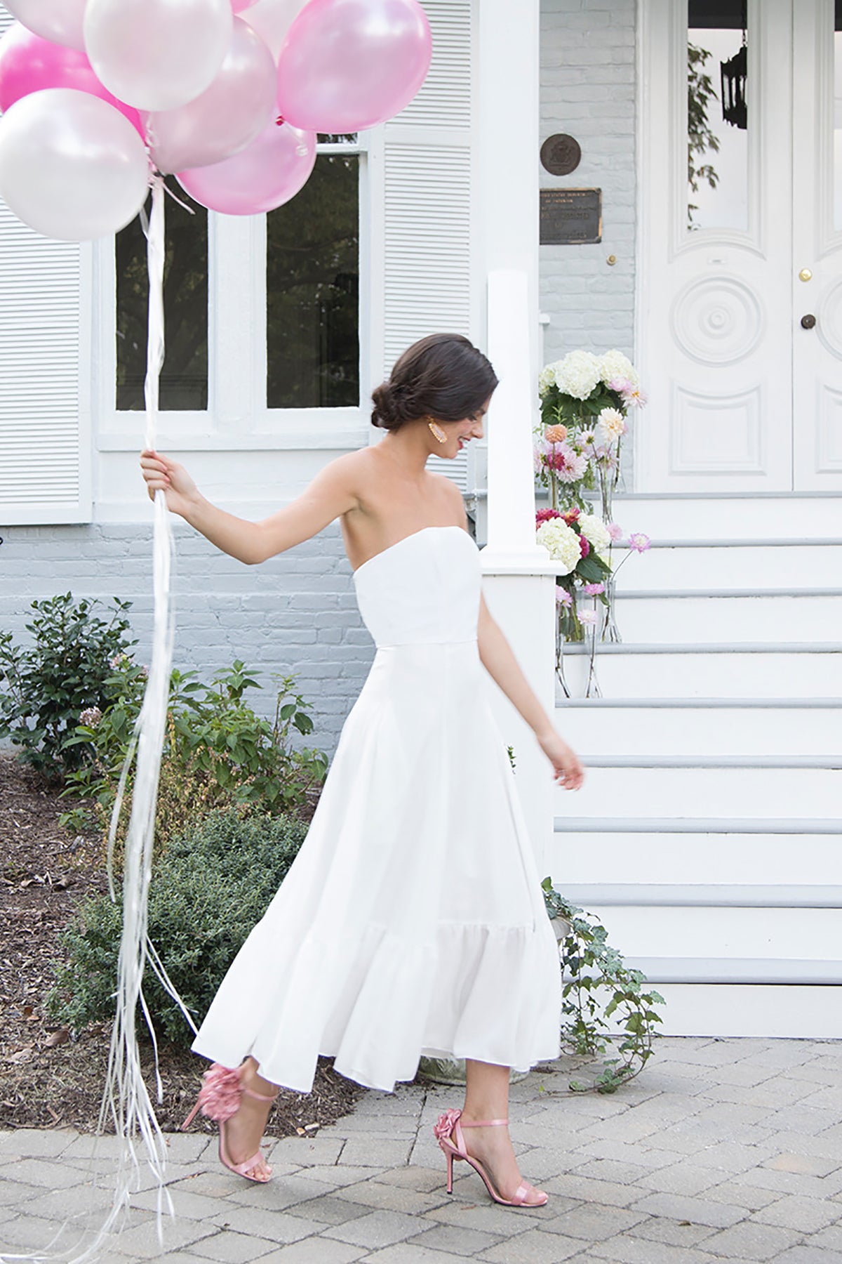 Ivie White Strapless Tea Length Rustic Romantic Outdoor Wedding Dress -  Jane Summers