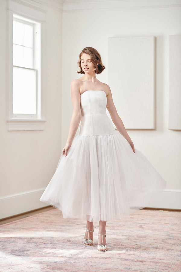 Modern tea length tulle strapless bridal gown first dance Wedding Reception and courthouse civil ceremony wedding Dress