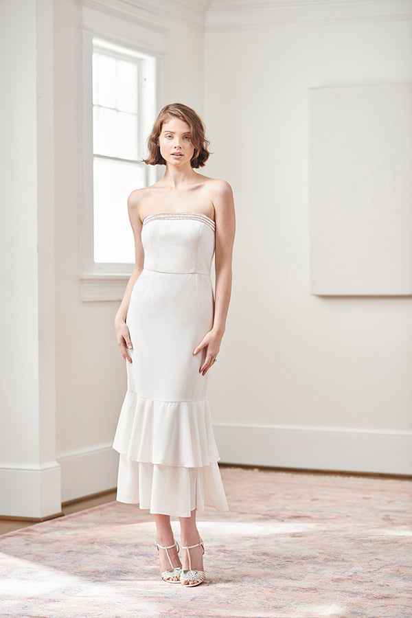 Joelle White Beaded Tea Length Mermaid Wedding Rehearsal