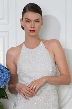 close up sequin halter white wedding dress first dance dress reception after party dress
