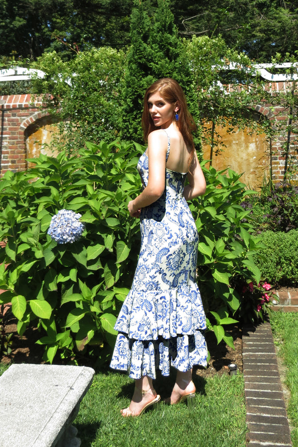Zoey Blue White Strapless Midi Bridal Shower Wedding Guest Dress Jane Summers